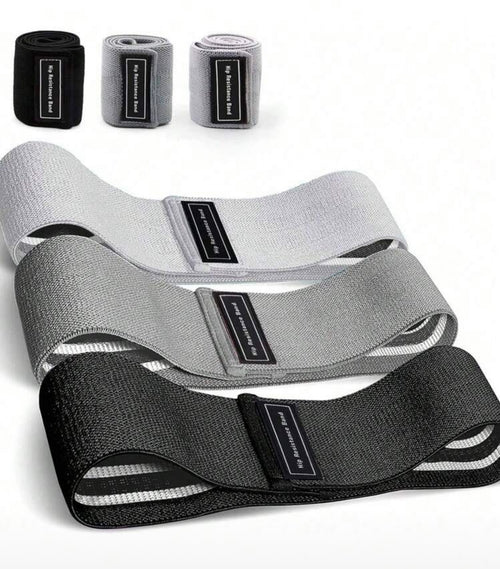 fabric resistance bands set in black, grey and white, perfect for strength training and workouts.
