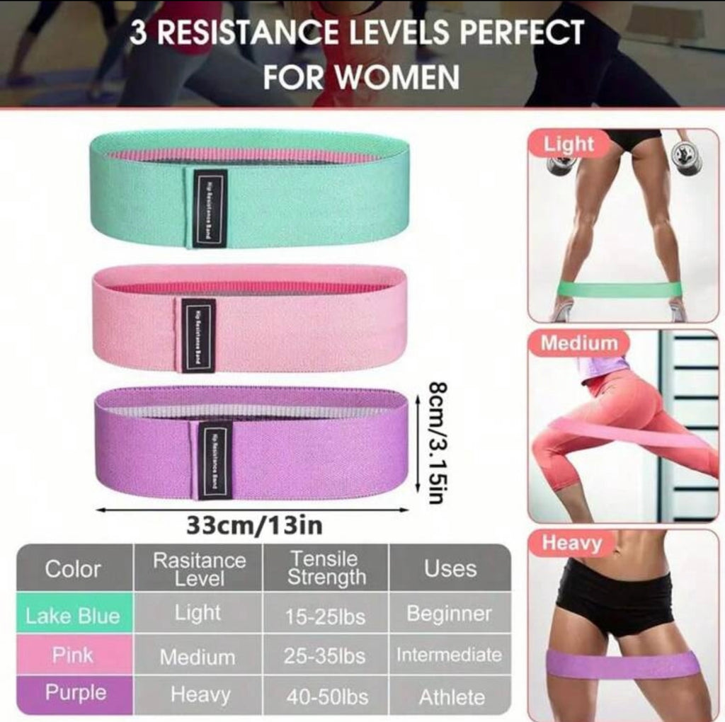 Fabric resistance bands set featuring three colors and resistance levels, perfect for women workouts and fitness.
