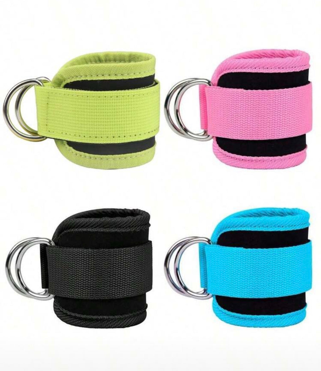 Kleurrijke Ankle Straps met metalen ringen, ideaal voor fitness en training.
