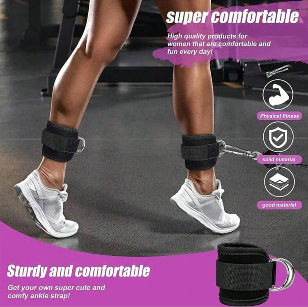 Ankle Straps securely attached to a woman's ankles during a workout for physical fitness and comfort.